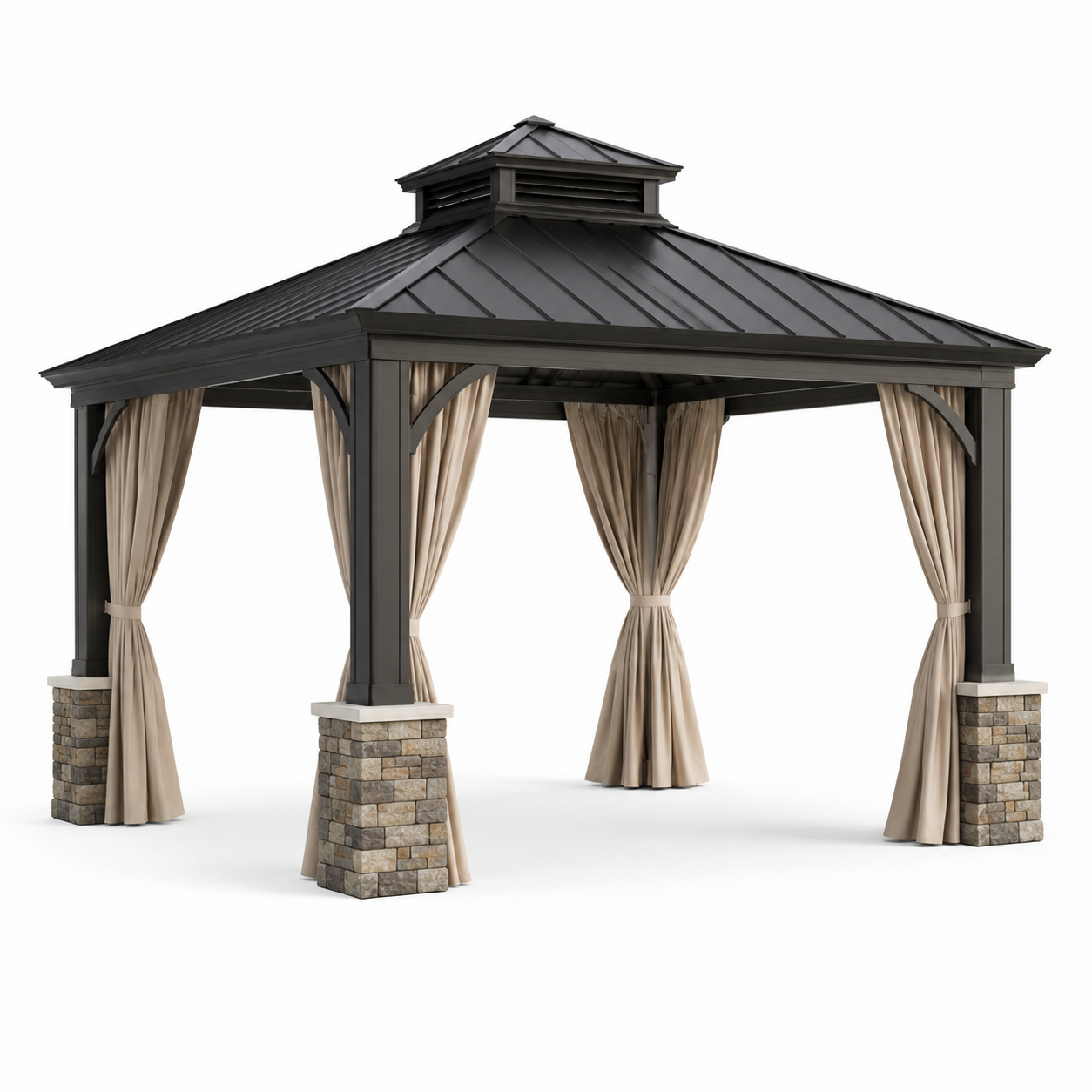Pavillon de jardin en métal et polyester avec rideaux noir/beige 3x3m