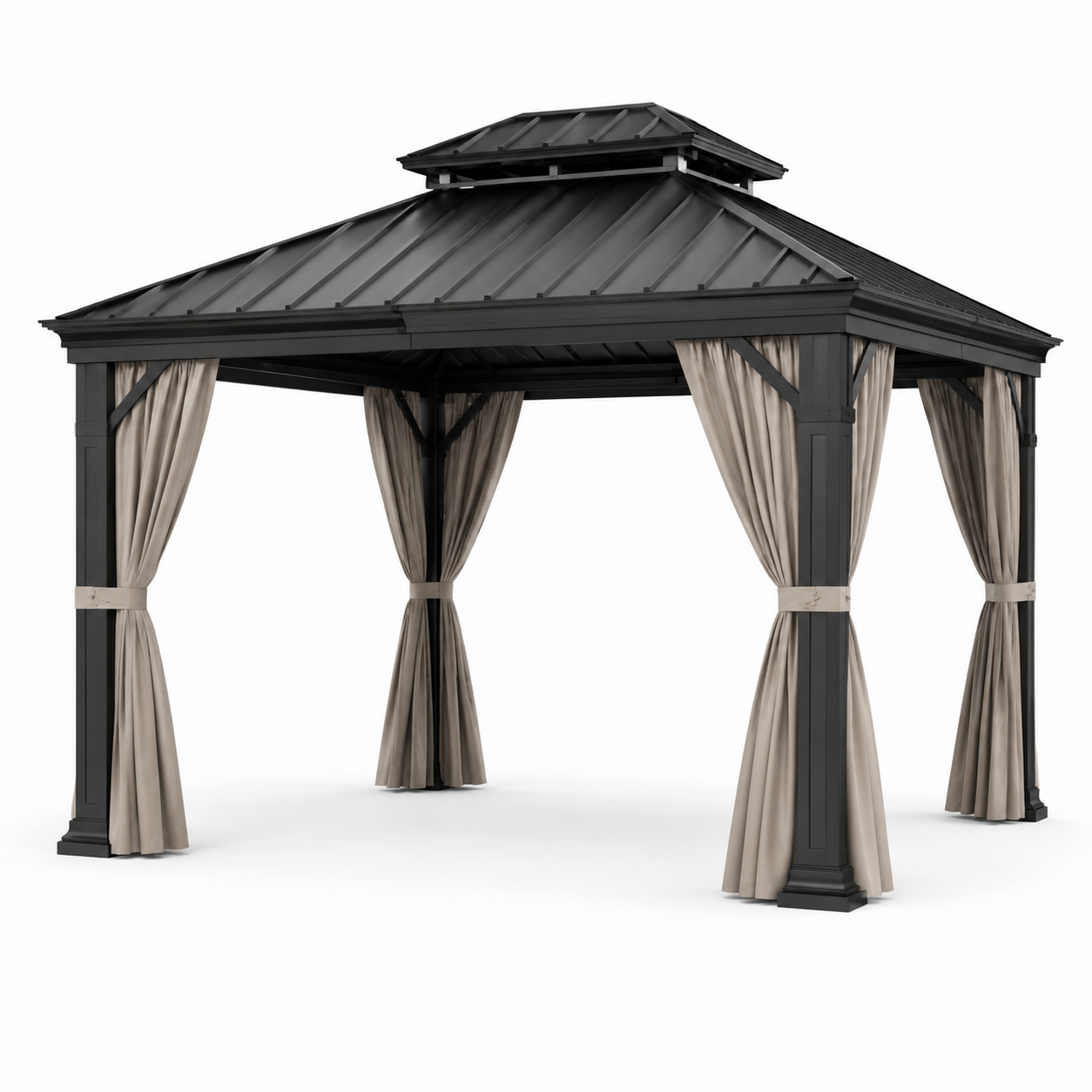 Pavillon de jardin en aluminium avec toit en acier et rideaux en polyester, 300x400 cm, gris foncé/ivoire