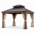 Pavillon de jardin en bois et métal 3x4m avec rideaux beige