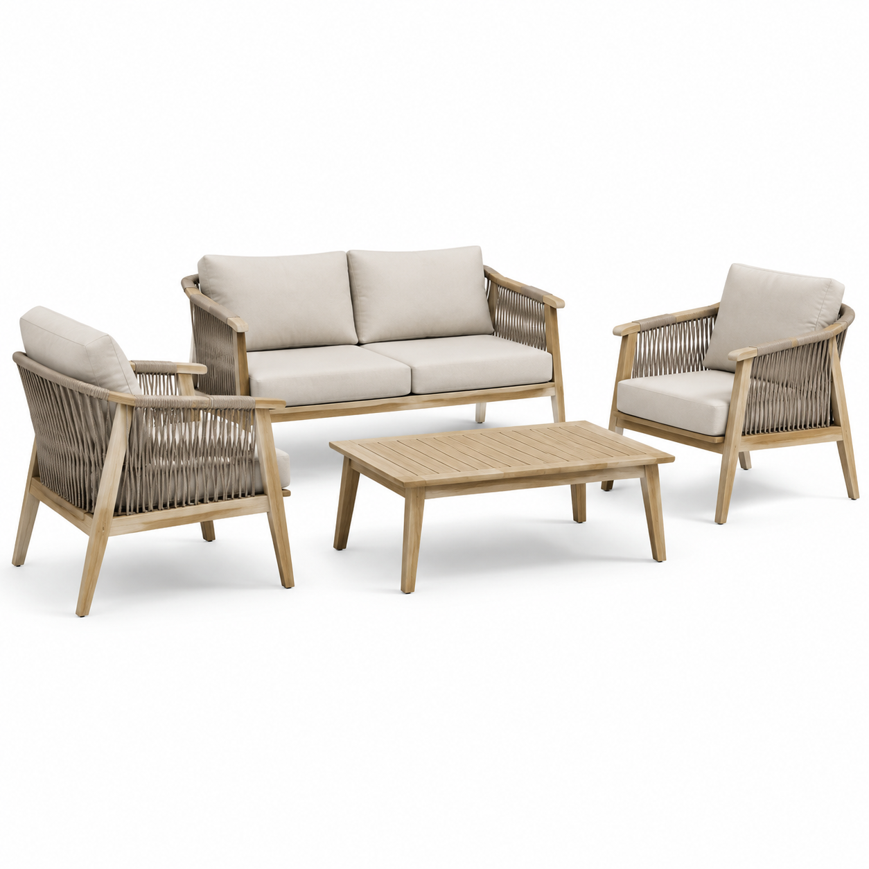 Ensemble de meubles en bois d'acacia et corde avec coussins beige