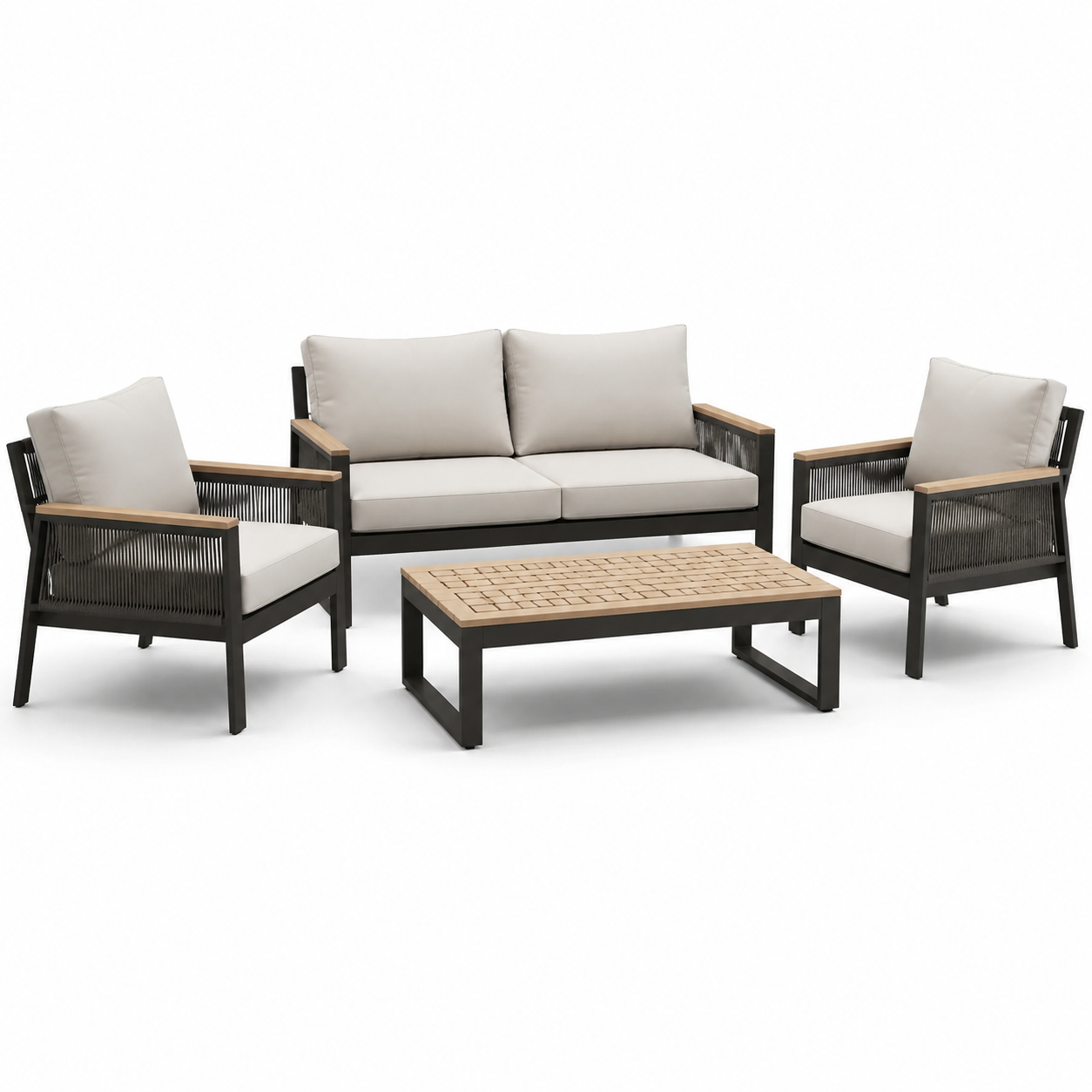 Ensemble de salon de jardin en aluminium et corde avec coussins beiges