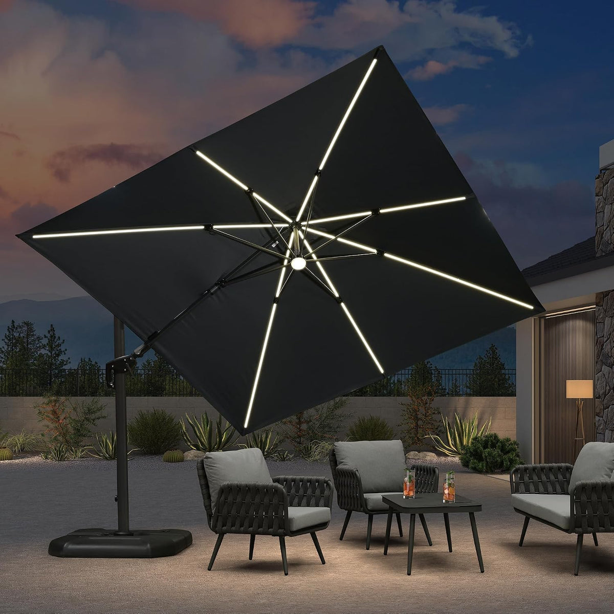 Parasol, éclairage LED, 25 niveaux, 3 × 3 m, PURPLE LEAF