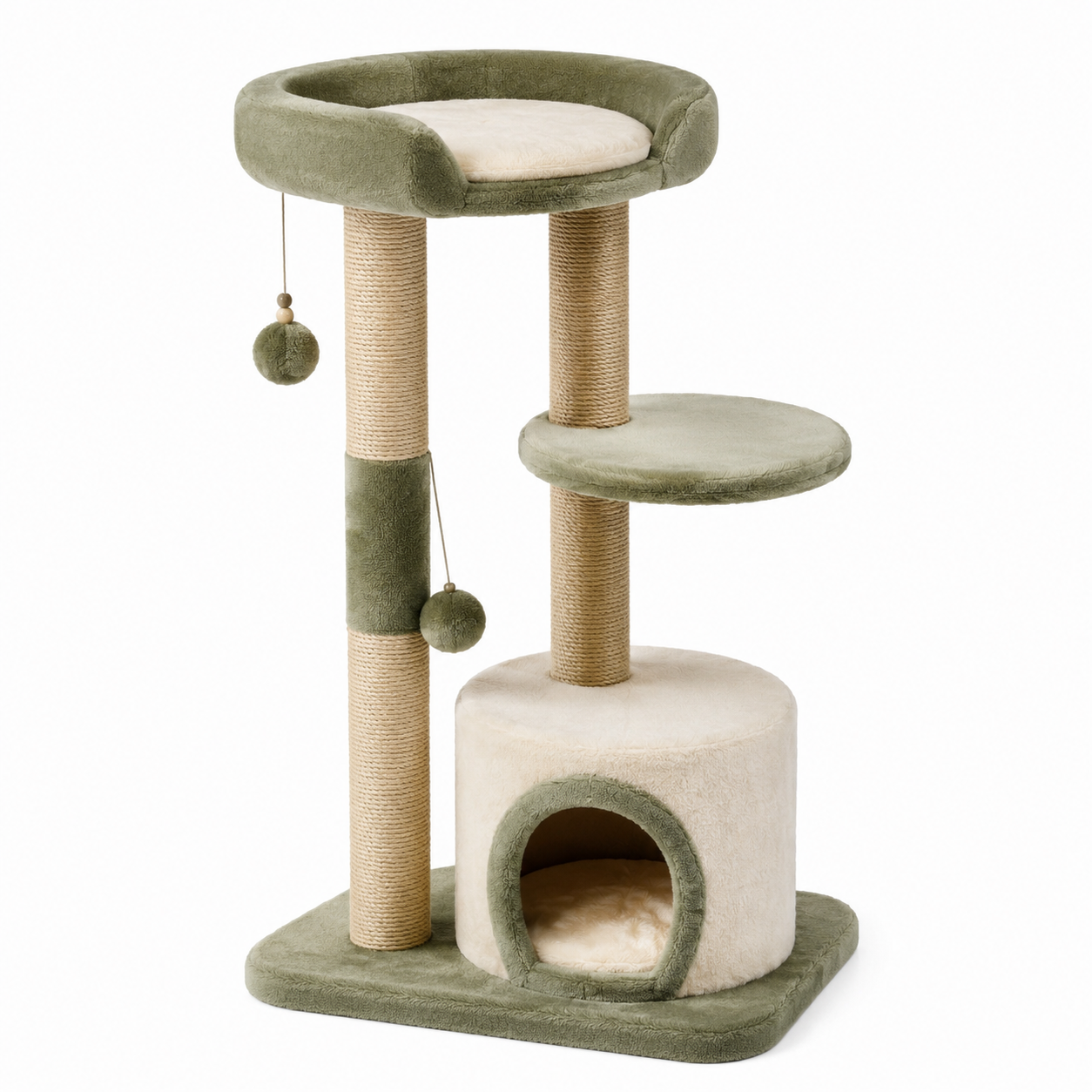 Arbre à chat en bois avec peluche et sisal, vert et beige