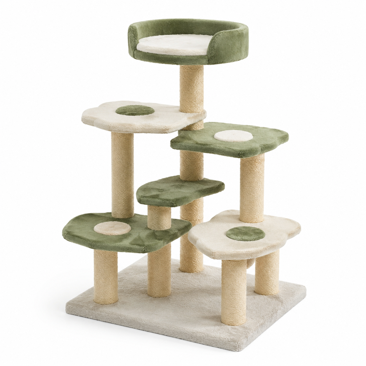 Arbre à chat en bois et sisal 5 niveaux vert et beige 120 cm