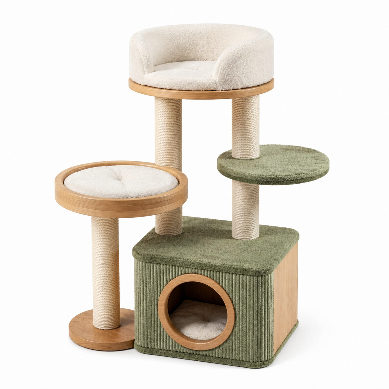 Arbre à chat en bois avec plateformes vertes et housses blanches