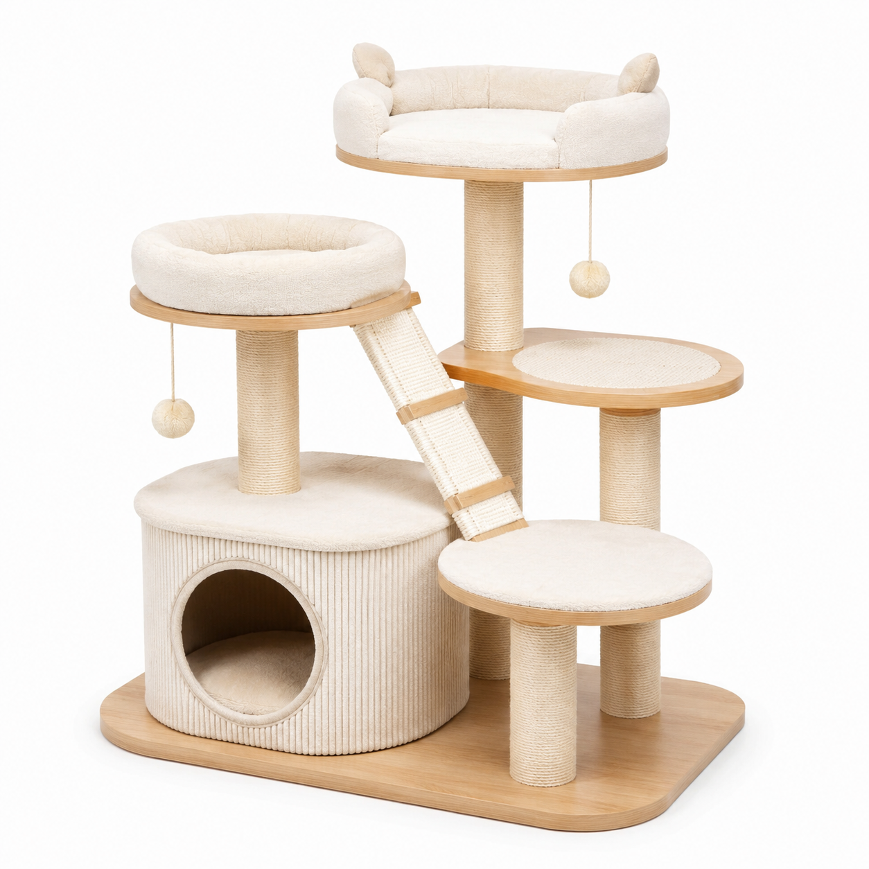 Arbre à chat avec plateformes en bois et sisal beige