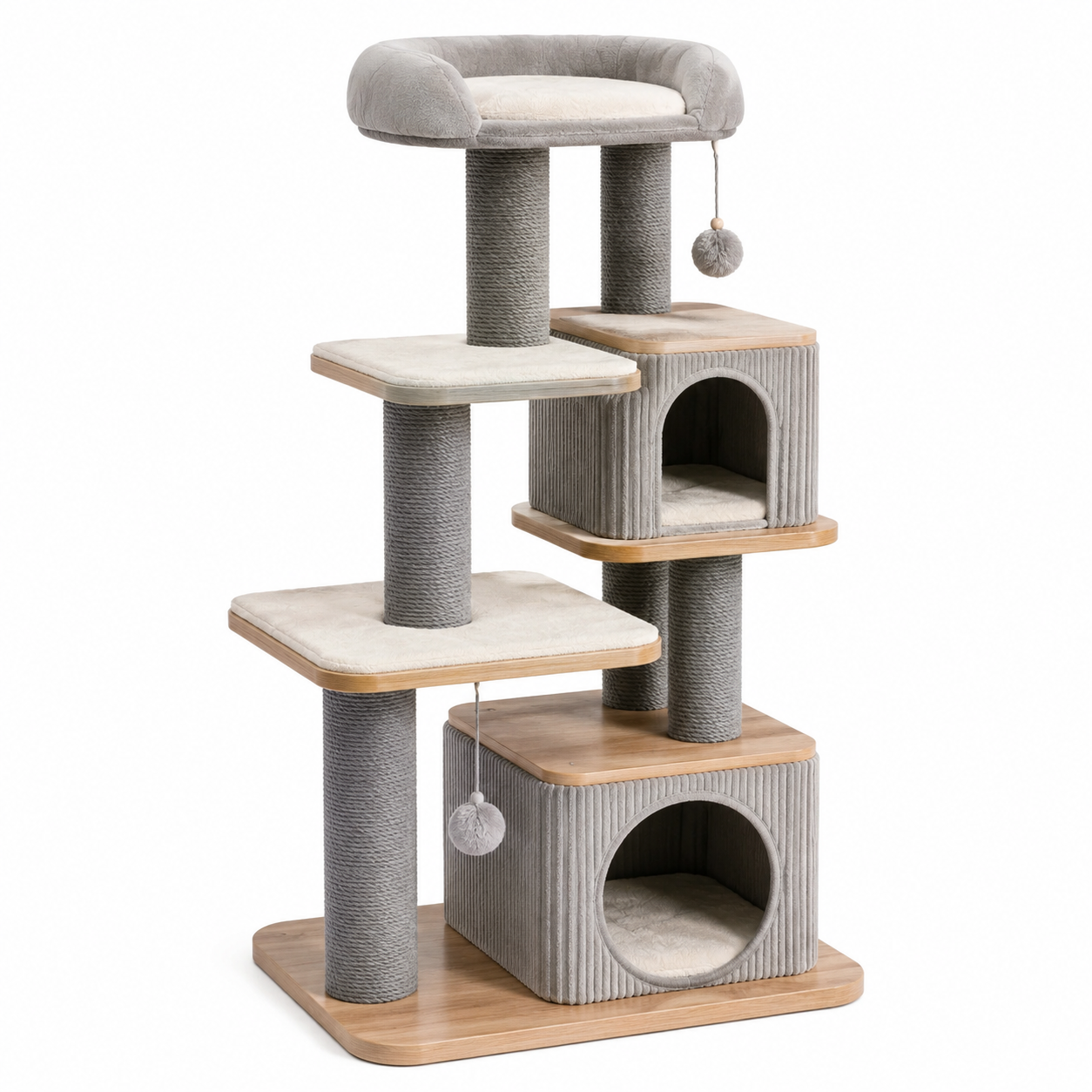 Arbre à chat en bois avec sisal et tissu gris