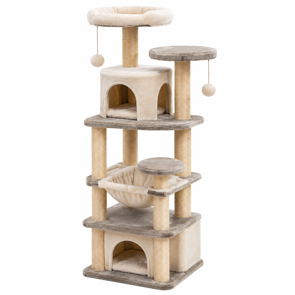 Arbre à chat en peluche beige et gris avec sisal, 153 cm
