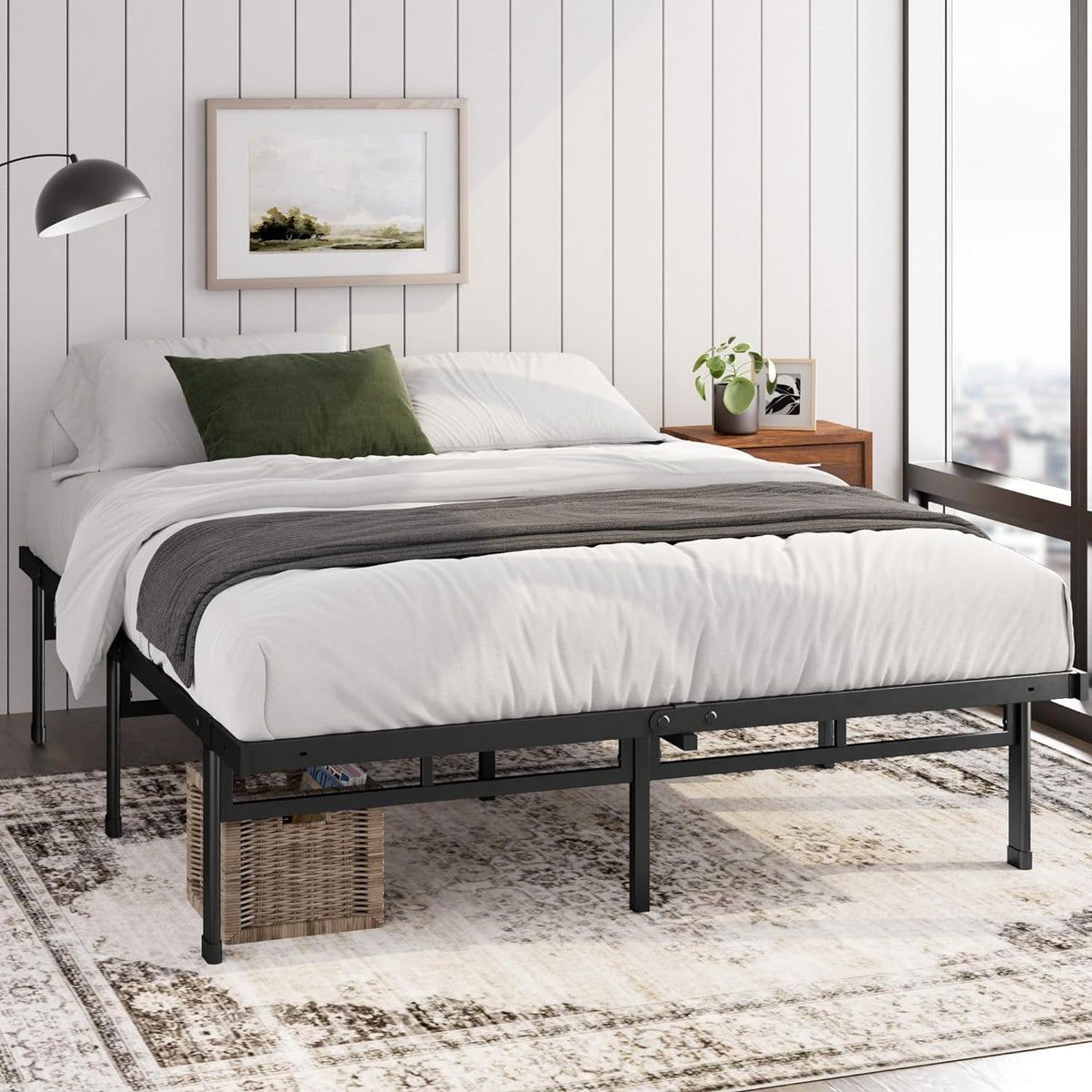 Cadre de lit, 160 × 200 cm, Zinus, 33 cm, Noir, Rangement sous Le Lit, Montage Facile