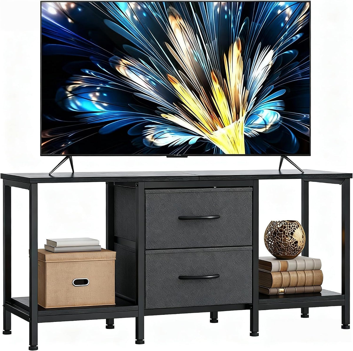 Meuble TV, Cadre en Acier, 110 × 30 × 50 cm, réglable, Chambre à Coucher, YITAHOME, 110 cm, 2 tiroirs, 2 étagères, Salle de Divertissement