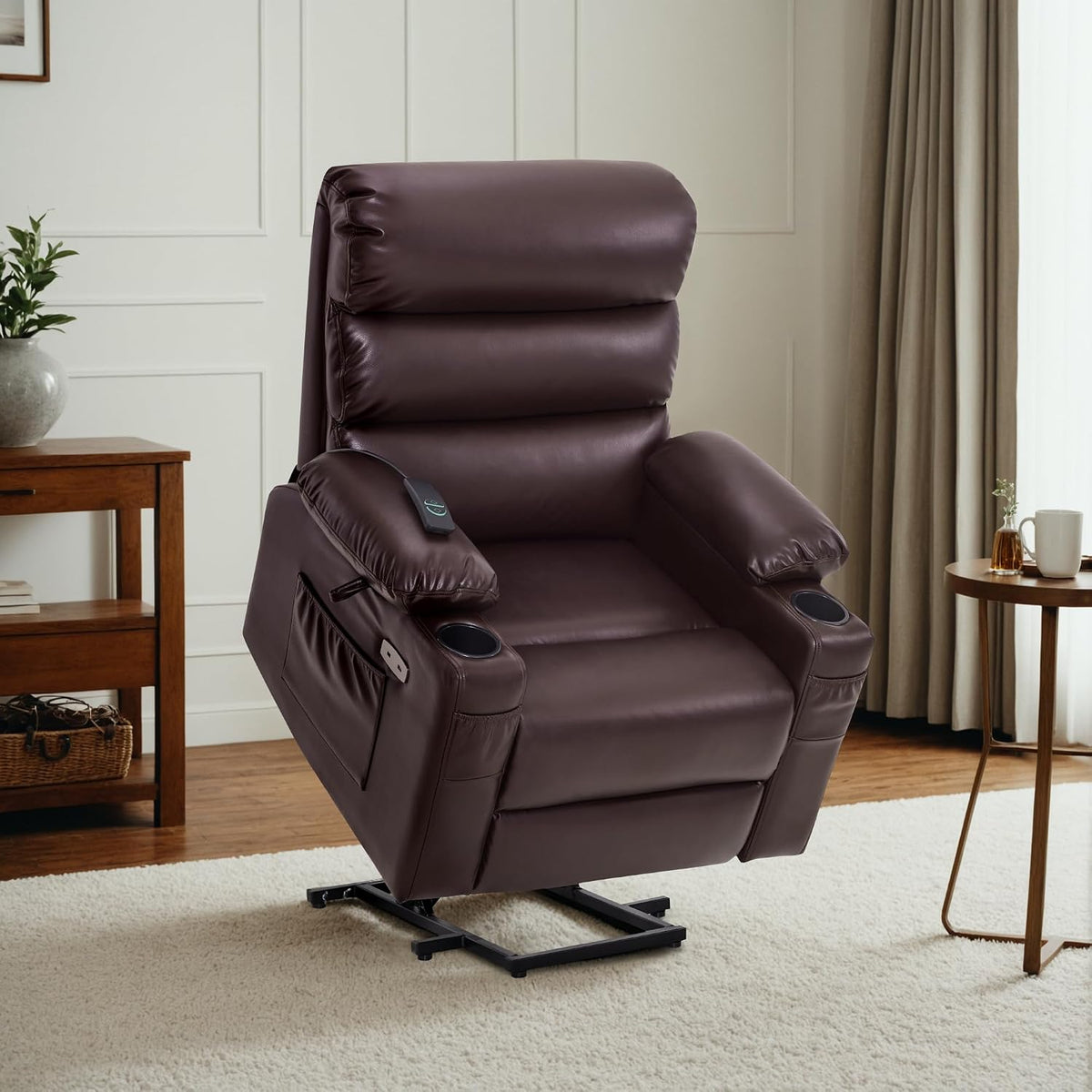 Fauteuil, avec Appui-tête, LC001, en Similicuir, pour Personnes âgées, M MCombo, Ports USB, minuterie, Repose-Pieds Allongé, Marron