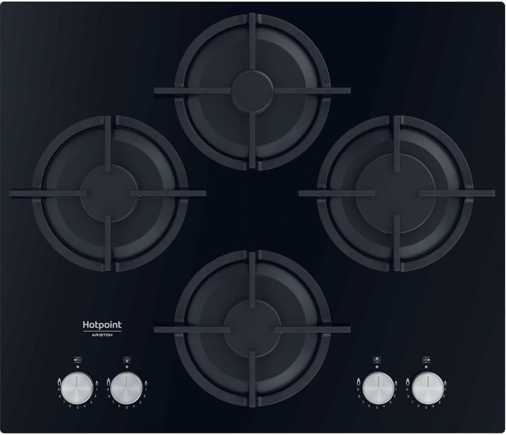Plaque de cuisson Hotpoint QS61S, QS61S/BK Plaque Gaz 4 Foyers en Verre Noir, 51 cm, 7 300 W, 60 cm, 7300 W, L 59, 6 x H 5, 1 x P 51 cm, 7300W