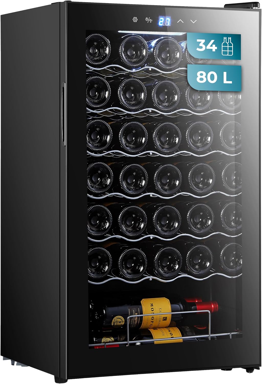 Cecotec Cave à vin, 80 L, Température réglable de 5 à 18°C, 41 dB, 34 bouteilles, éclairage LED, LED intérieur., commande tactile