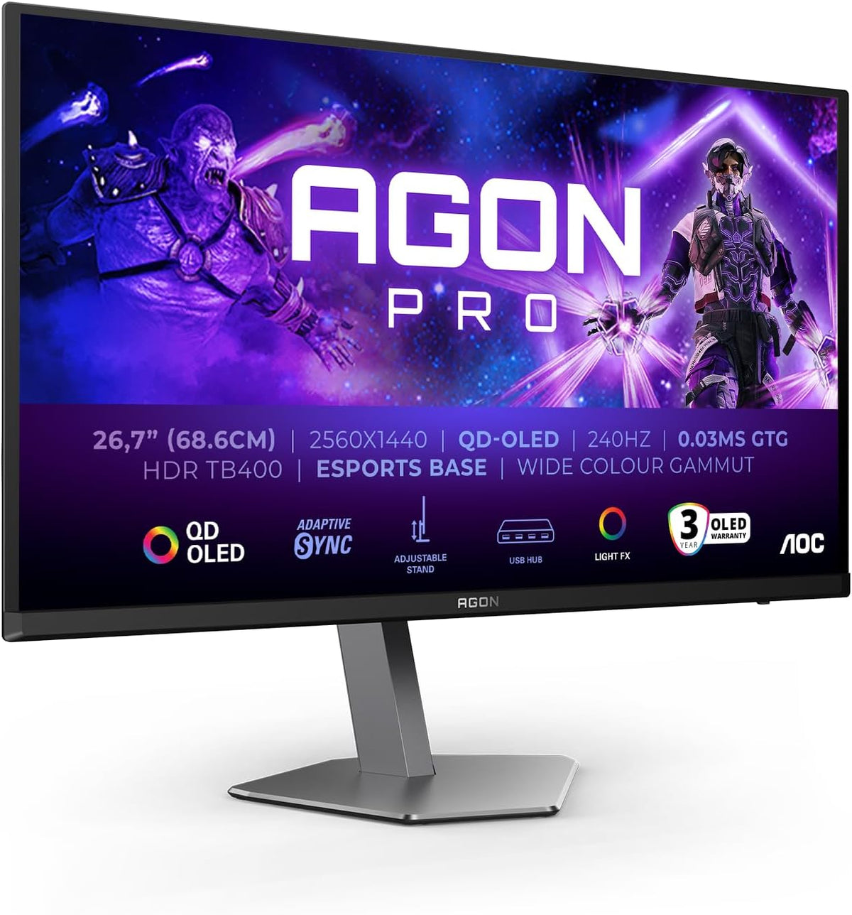 AOC Moniteur PC, réglable, 130 mm, 3, 5 mm, 27 pouces, AG276QZD2AM 03ms, 240Hz, 240 Hz, 0.03ms GtG, HDR400 TrueBlack, USB Hub, Noir, OLED