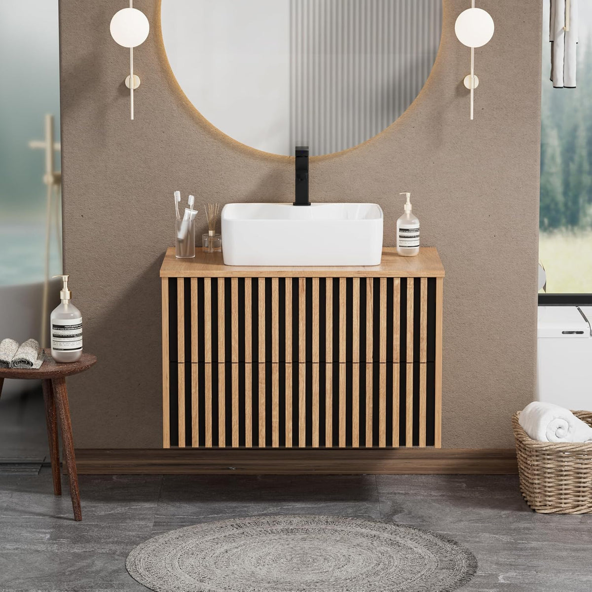 Meuble-lavabos, 80 × 45 × 50 cm, Meuble Suspendu 80cm avec Vasque à Poser, UEV, 71, 5 × 35 × 10 cm, 61 cm, 81 cm, 24 pouces, Naturel