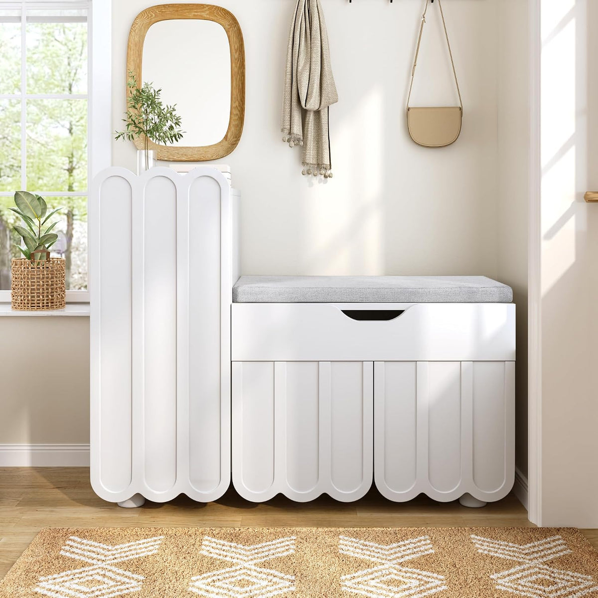 Armoire, 90 × 35 × 74, 5 cm, réglable, pour entrée, Merax, l x P x H, 3 portes, 1 tiroir, 4 portes, 3 portes de rangement et 1 tiroir, blanc