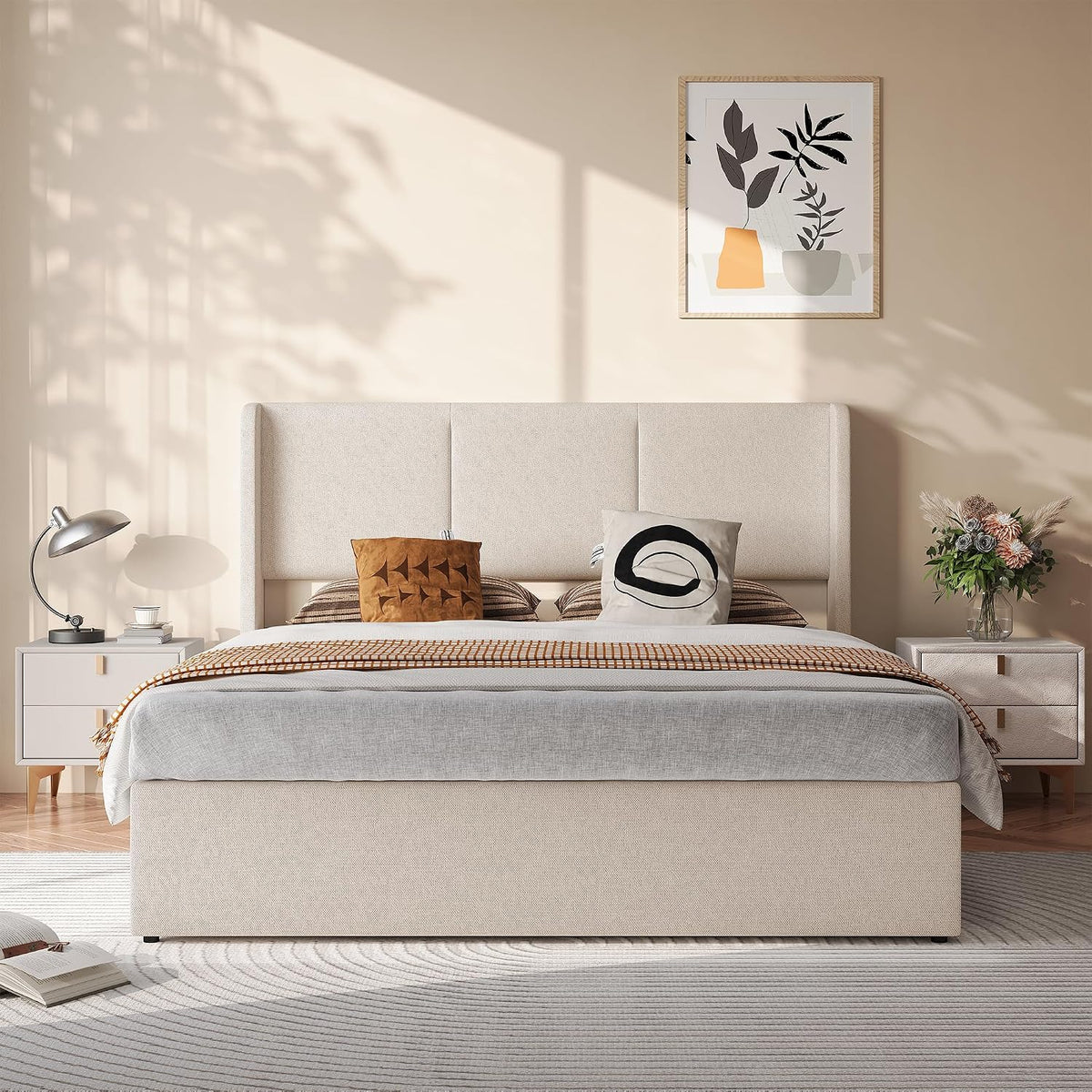 Cadre de lit, sommier à lattes en bois, 160 × 200 cm, structure de lit avec rangement, BAJKNIU, 207, 5 × 168 × 110 cm, 140 × 190 cm, sans matelas