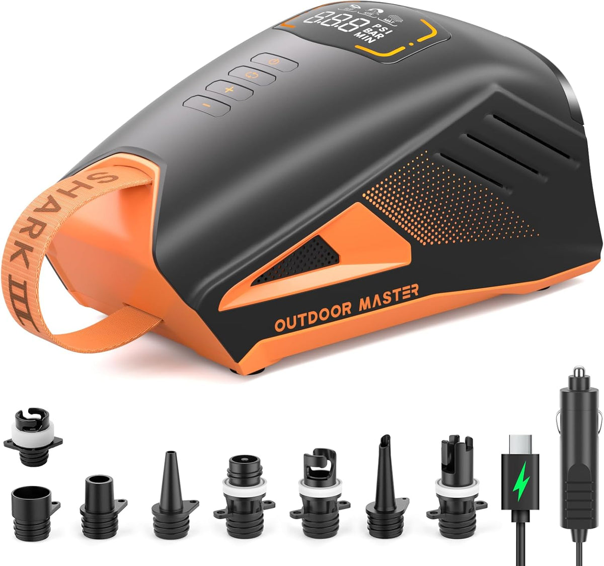 OutdoorMaster Gonfleur et pompes électriques, 74 Wh, 8 Embouts pour Gonflables, 20 PSI Pompe Sup Rechargeable 74 Wh, 12V, 15, 8V, 74Wh, 45W