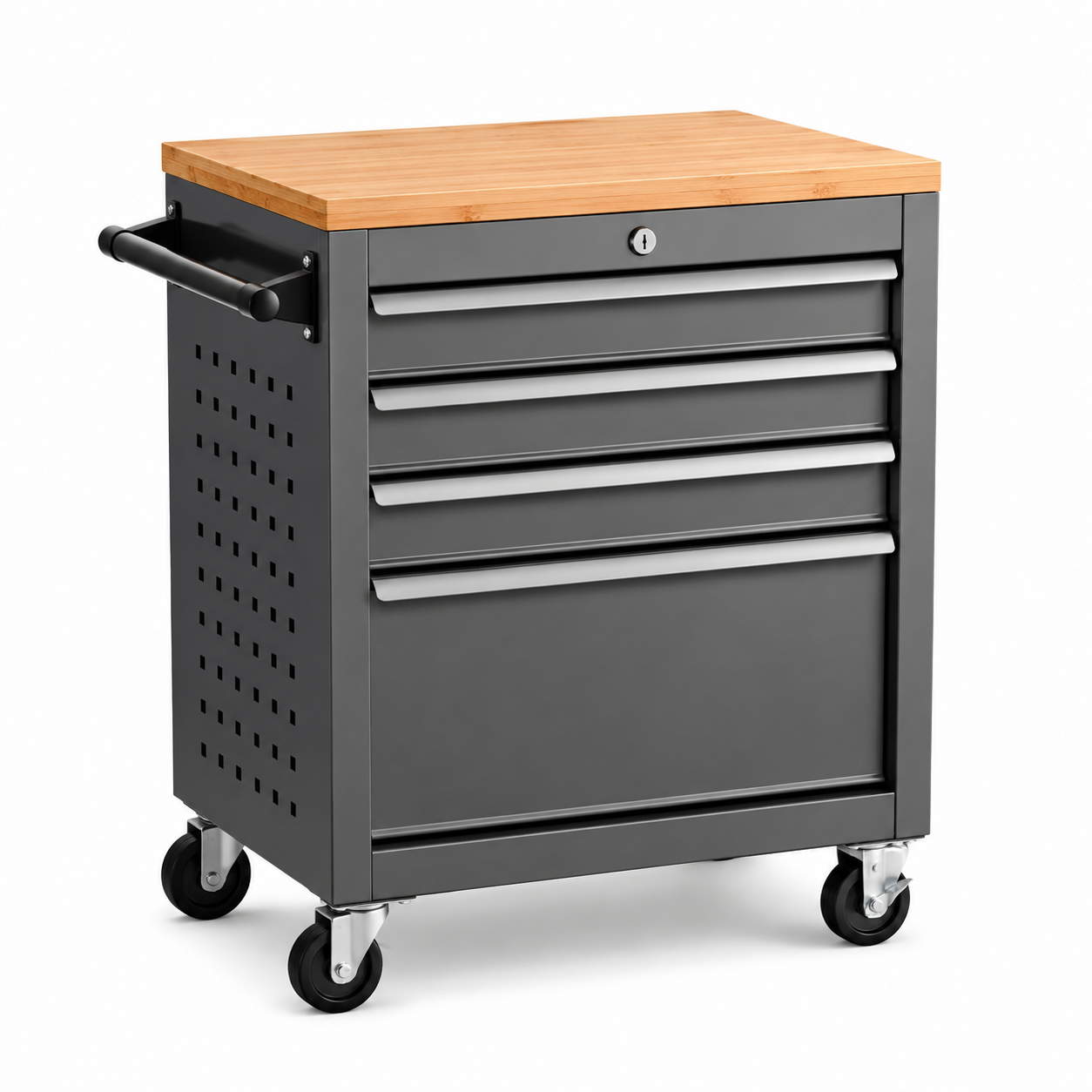 Chariot à outils en acier avec plateau en bambou et tiroirs verrouillables gris