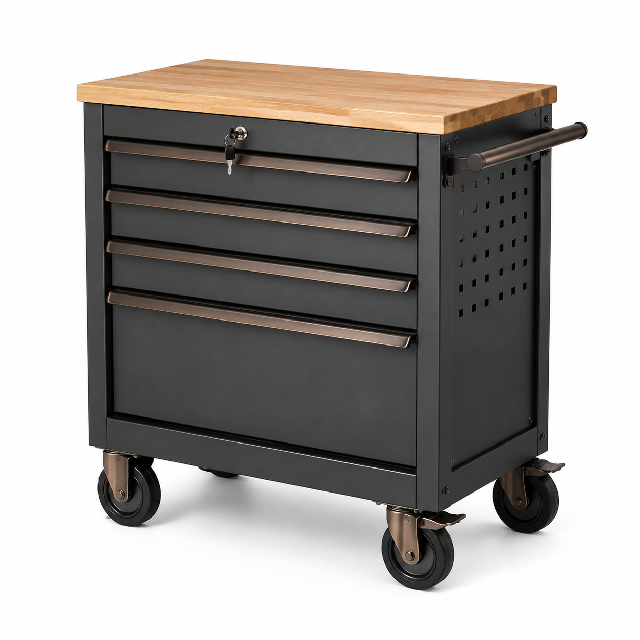 Chariot à outils métal 5 tiroirs avec plateau en bois de hêtre noir