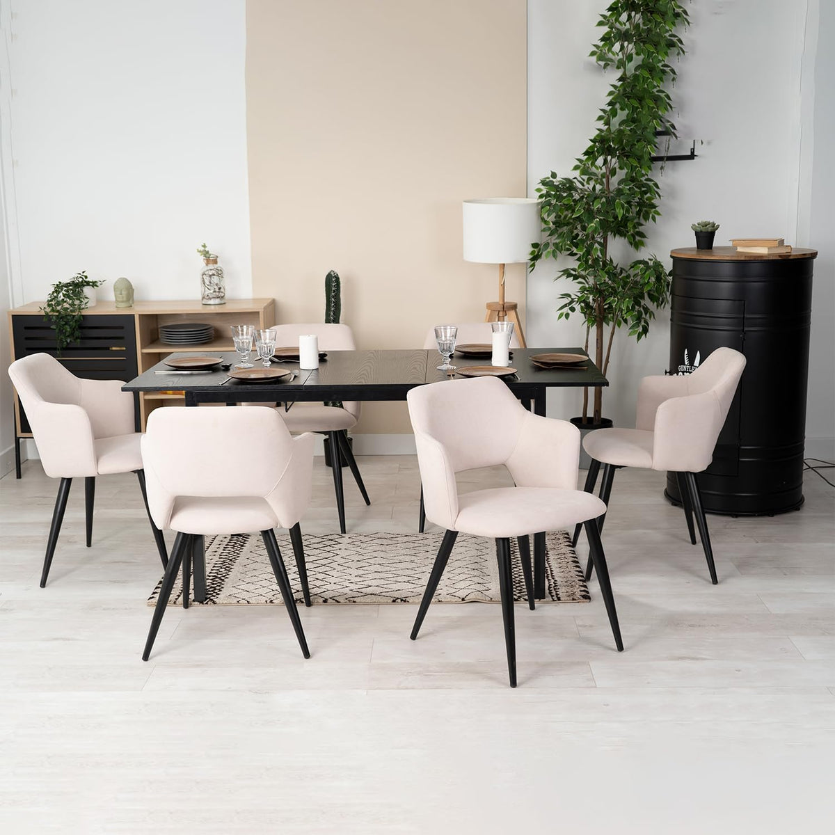 Ensemble pour salle à manger, 160 × 80 × 75 cm, Cadre en Acier, Meubles Cosy, 120 × 80 × 75cm, Noir + Beige