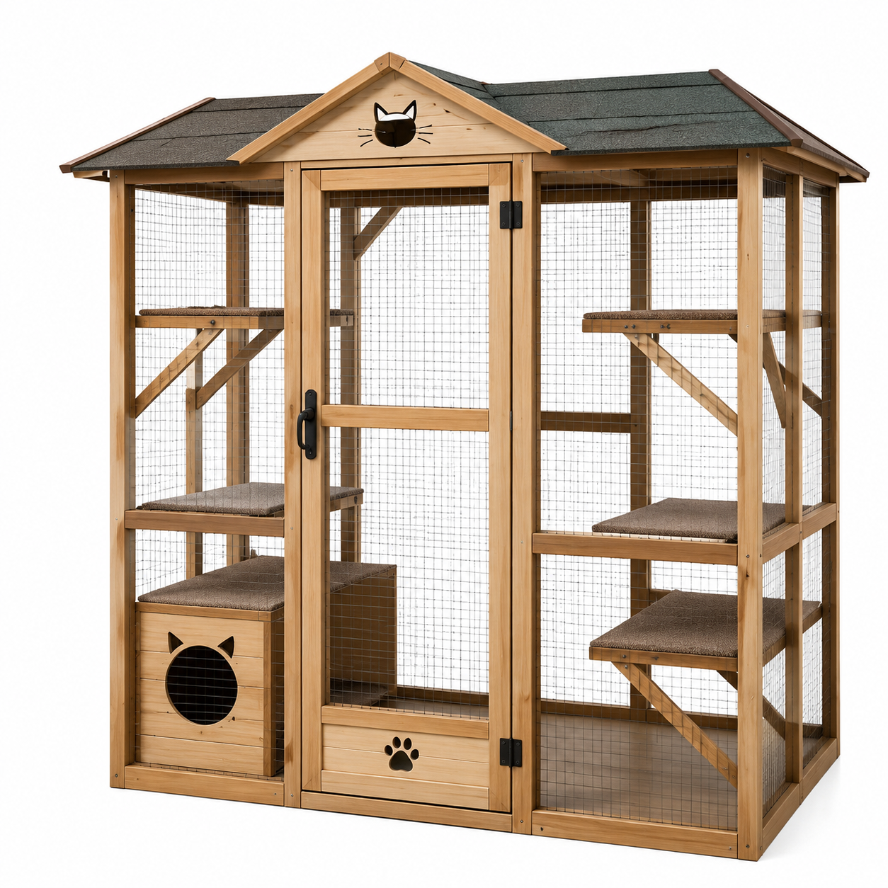 Enclos pour chat en bois de sapin avec toit bitumé et plateformes
