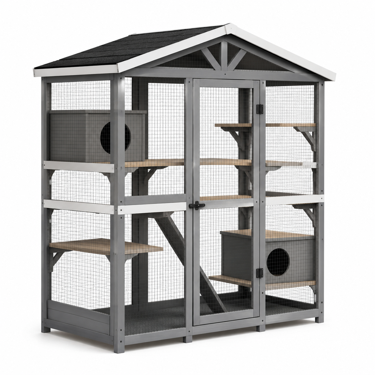 Enclos pour chat en bois et métal avec maisonnettes 120x115x180cm gris