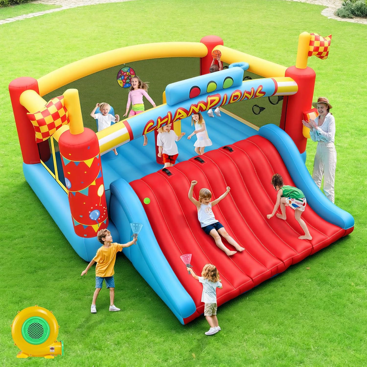 AKEYDIY Châteaux gonflable, Château Exterieur avec Souffleur Cadeau, 396, 2 × 408, 9 × 221 cm, Grande Château Gonflable pour Grands Enfants