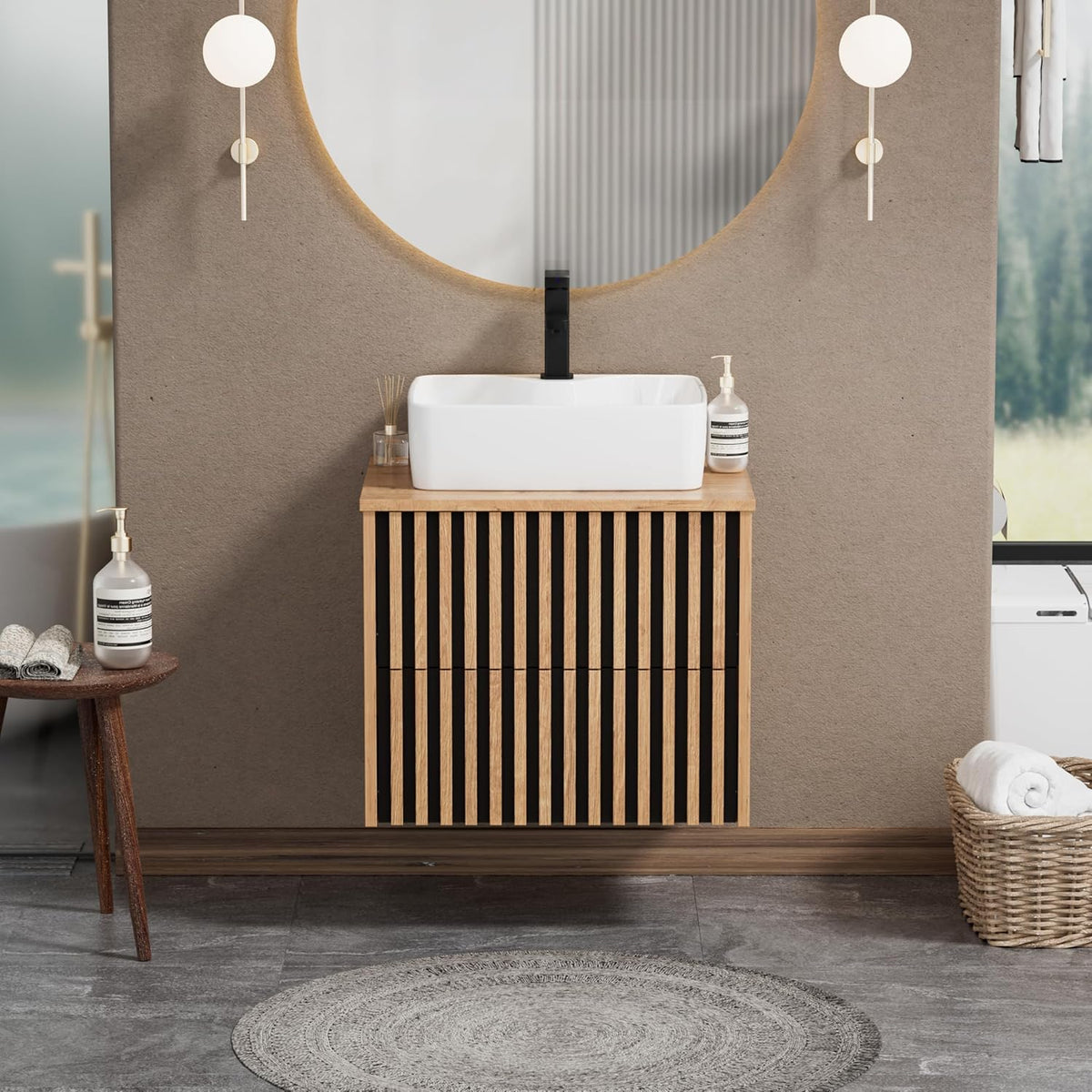 Meuble-lavabos, Meuble Suspendu 60cm avec Vasque à Poser, 60 × 45 × 50 cm, UEV, 51, 5 × 35 × 10 cm, 61 cm, 81 cm, 24 pouces, 32 pouces, Naturel