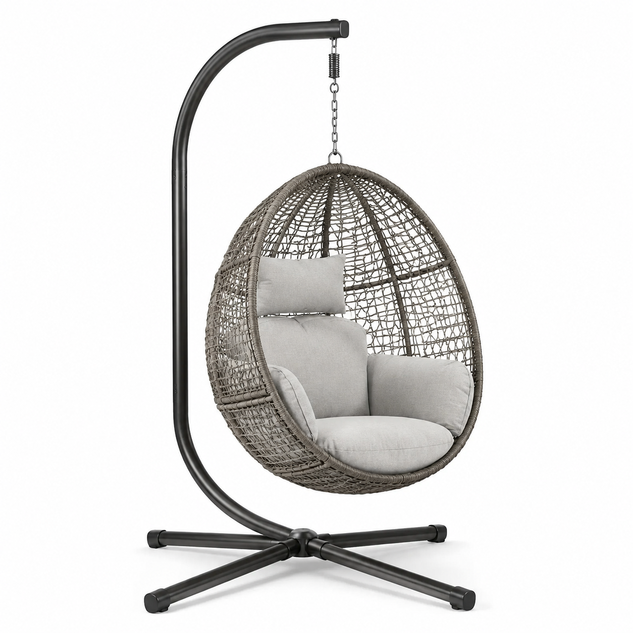 Fauteuil suspendu en rotin synthétique marron avec coussins gris clair