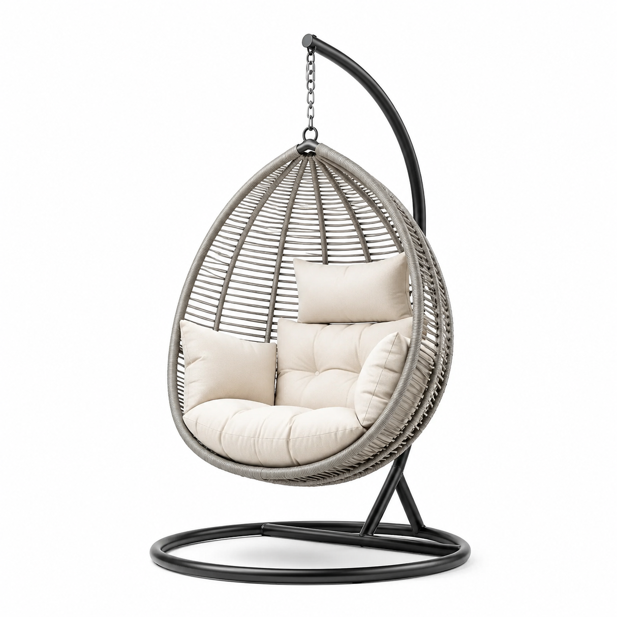 Fauteuil suspendu en rotin synthétique avec coussins crème