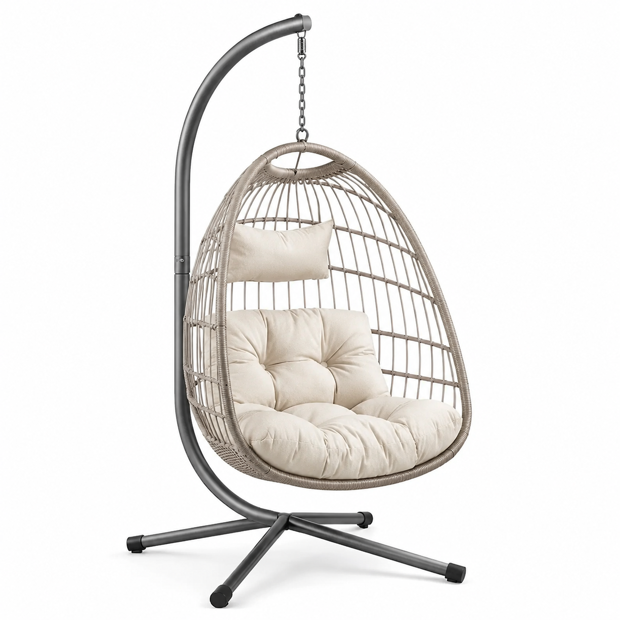 Chaise suspendue en rotin synthétique et acier avec coussins beiges