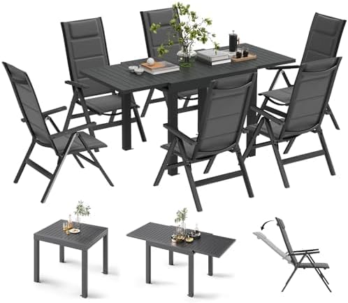 Salon de jardin, Composé 1 Table en Aluminium et 6 Chaises Pliantes, Imperméable Table de Jardin Exterieur avec Chaise, pliable, 160 cm, Devoko