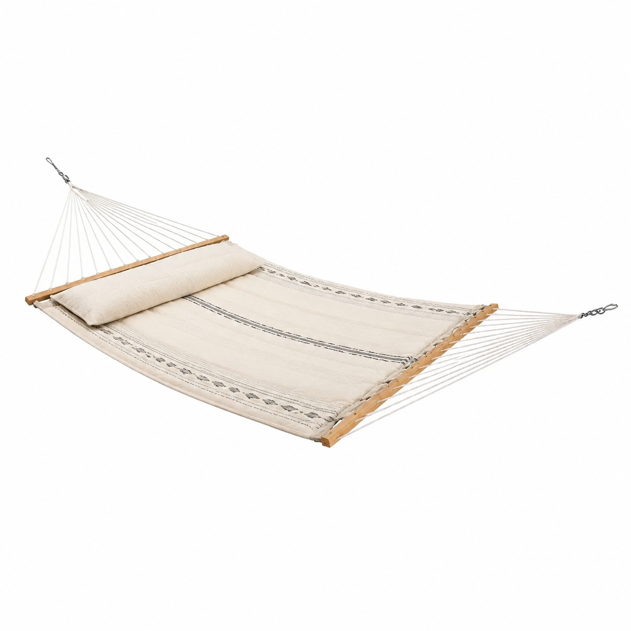 Hamac en coton avec barres en bois et coussin beige