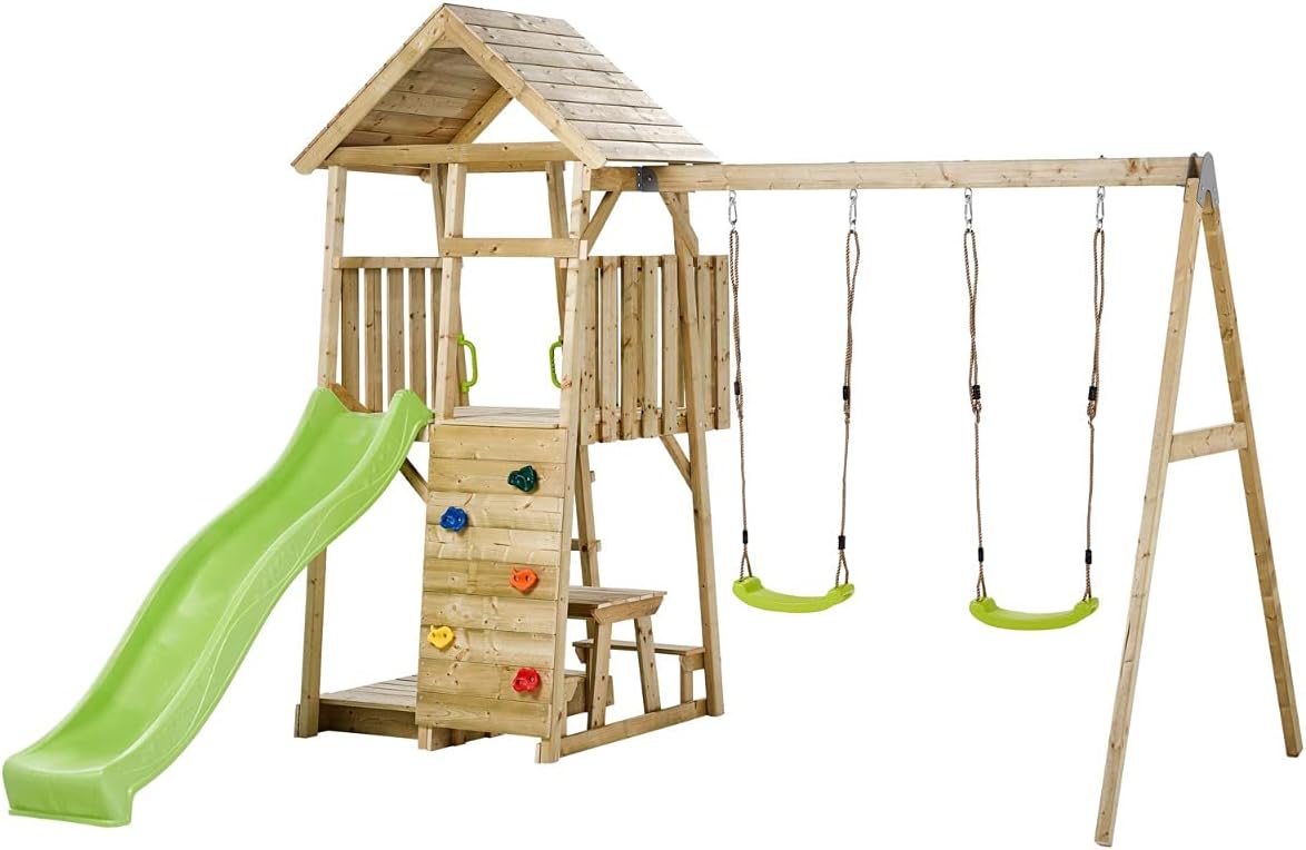 Balançoire, Aire de Jeux portique en Bois WOODI, réglable, 340 × 280 × 270 cm, Kangui, 3, 4 × 2, 8 × 2, 7 m, 100kg, 105, 5kg, Toboggan, Mur d'escalade
