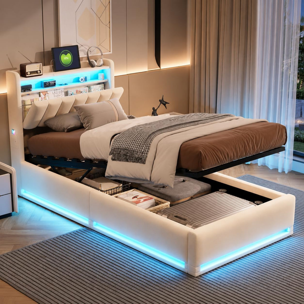 Lit, 207 × 95 × 103 cm, éclairage LED, QMTXBYJ, 90 × 200 cm, réglable, sans Matelas, Velours