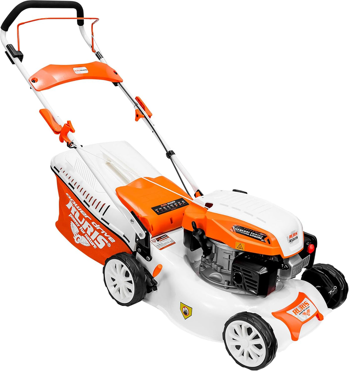 pliable, 42 cm, Châssis Acier, 75 mm, Hauteur de Coupe 25-75 mm, 45L, 3, 5 CV, Sac 45L, réglable, Tondeuse, RURIS POWER FOR NATURE