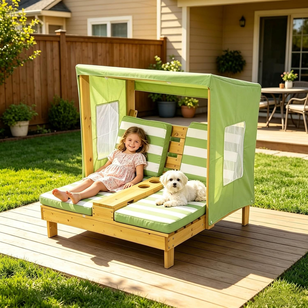 Bain de soleil, 80KG, Chaise longue double avec Porte Gobelet et Pare-Soleil, HARELA, Charge Max 80KG