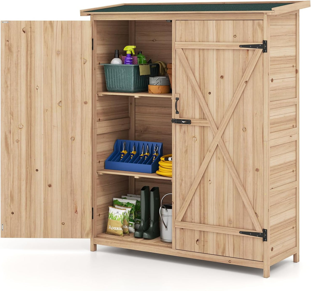 GOPLUS Abri de jardin, Cabane de Jardin Exterieur à Outils avec Etagères Amovibles et Portes Verrouillables, 140 × 51 × 163 CM, 63 × 41 cm, Cour