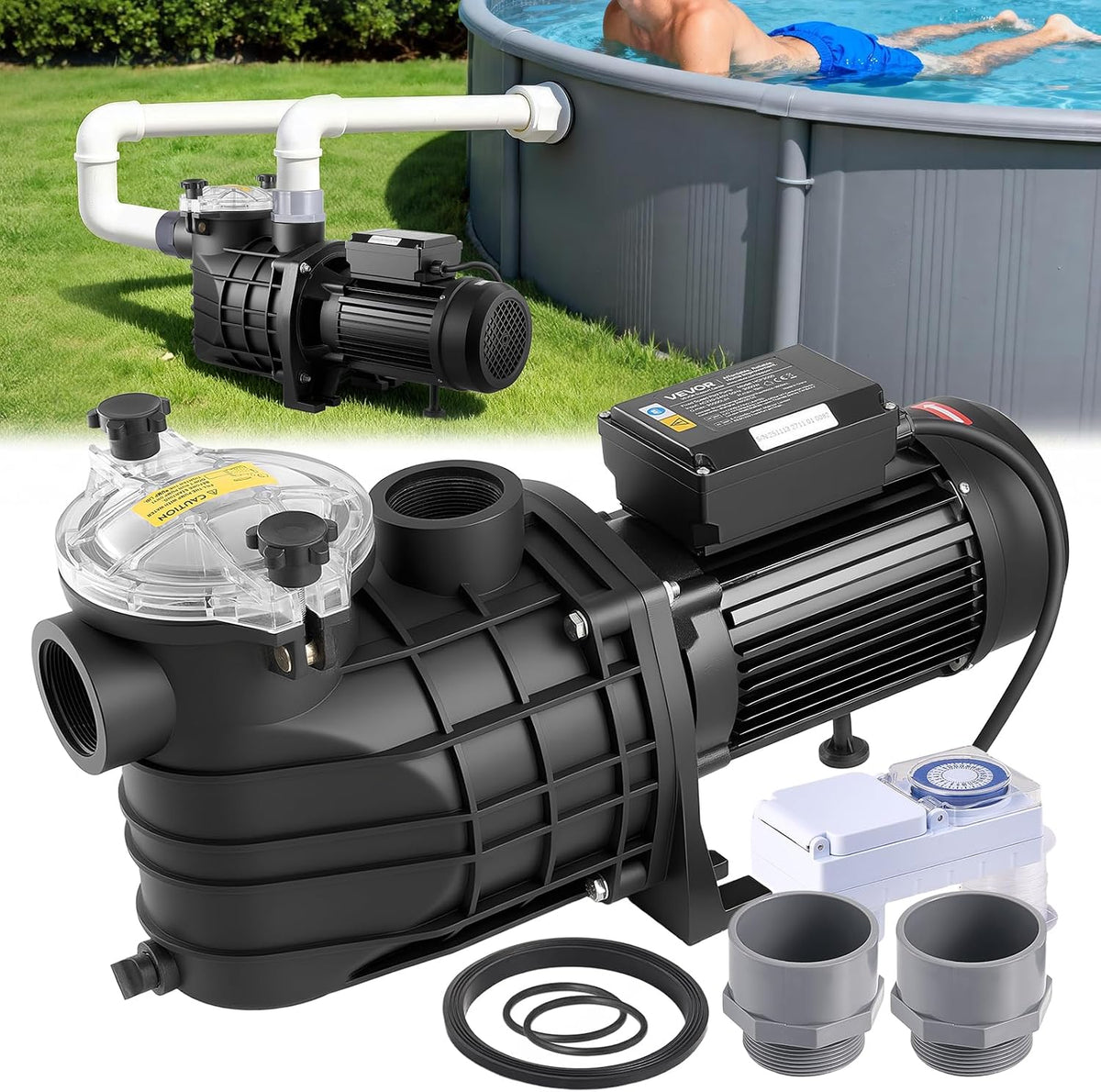 Pompe, 3000 W, avec Panier Filtre, VEVOR, 35000 L, 2860 tr/min, 240 V, 220-240 V CA, Vitesse Unique, Hauteur Refoulement 19 m, minuterie