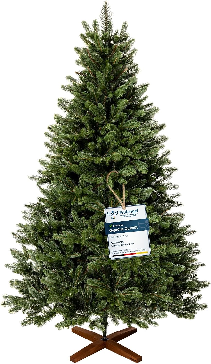 Sapin, Arbre de Noël avec Support en Bois de frêne Fait à la Main, 150 cm, FairyTrees, 120 cm, 180 cm, 220 cm, Nordmann 150 cm, Fabriqué en UE