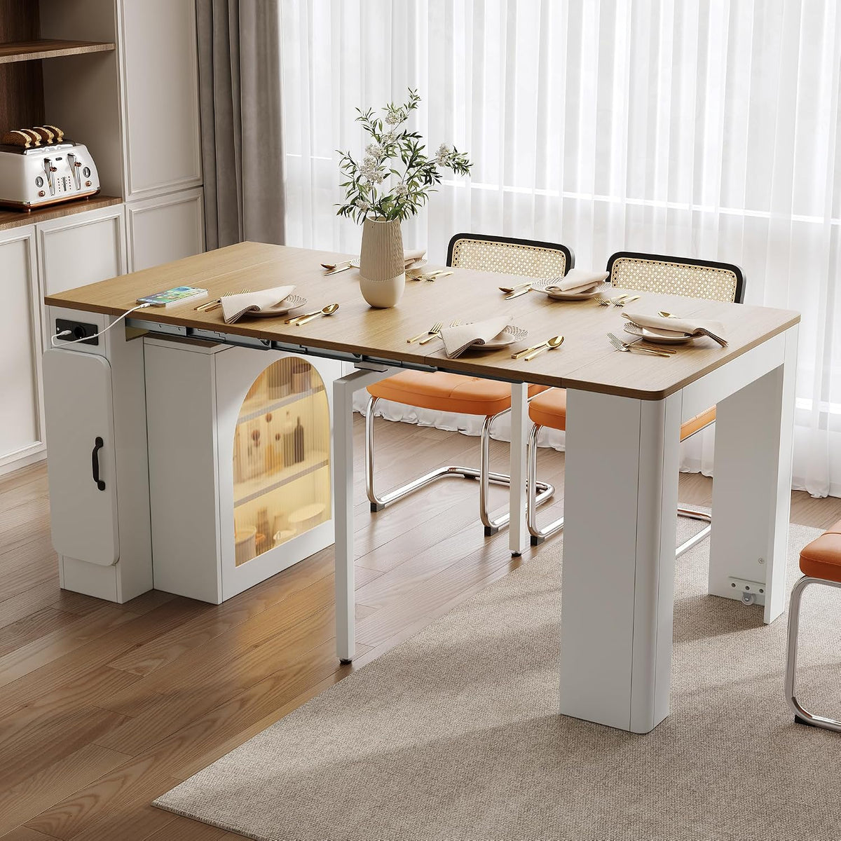Îlot de rangement mobiles, éclairage LED, Meuble Cuisine avec Rangement, verre, DHHU, Table De Bar avec Prise USB Type-C, Blanc, portable