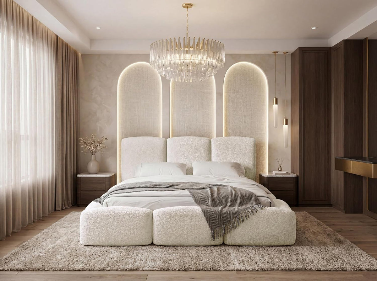 Cadre de lit, Capitonné Blanc écru en Tissu Bouclette, 160 × 200cm, Double Moderne avec Tête De Lit, WFL GROUP, Adulte, Harmony, Crème