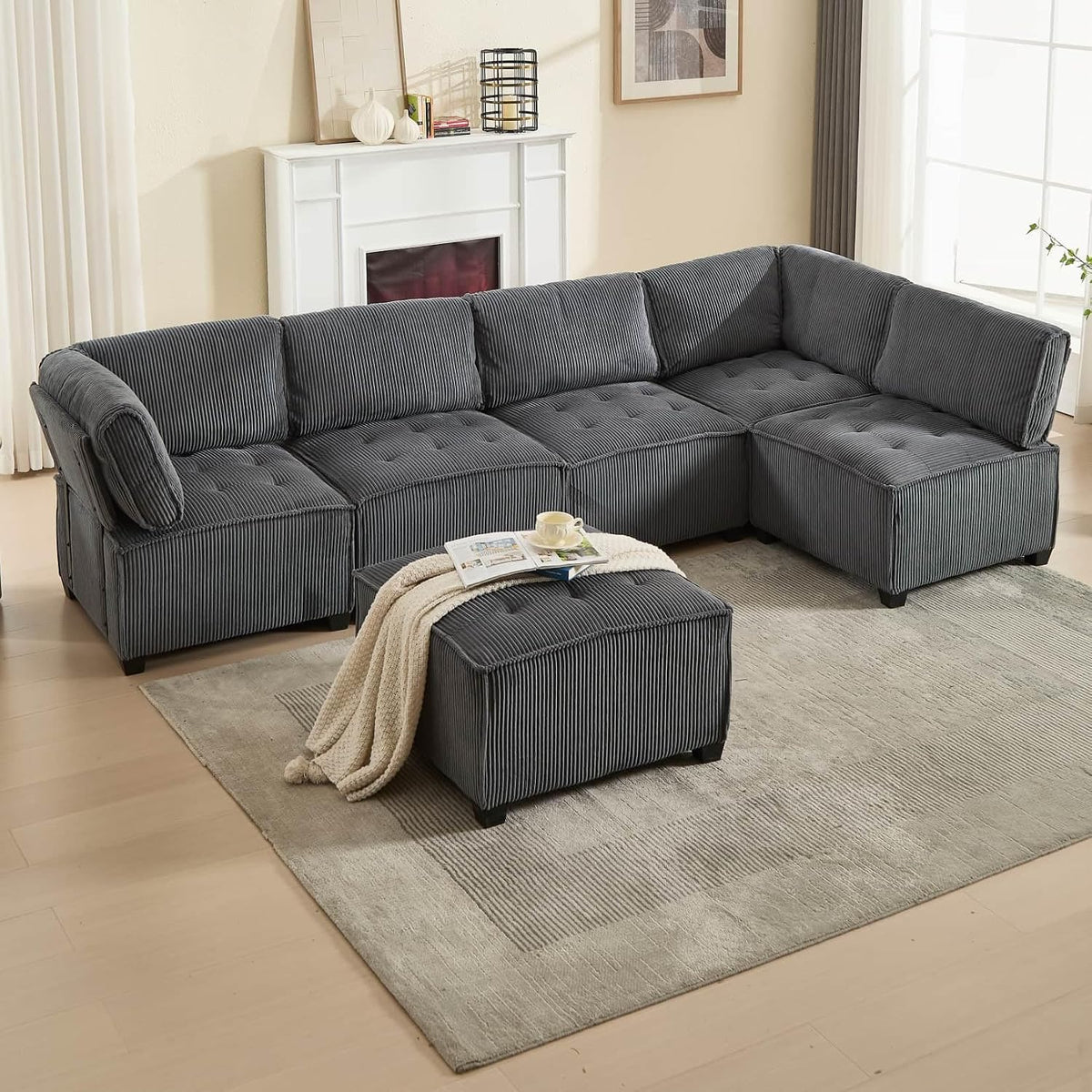 Canapé PUGSDRLY, télécommande, pour Salons, Gris, Velours Côtelé Confortable, Chambres