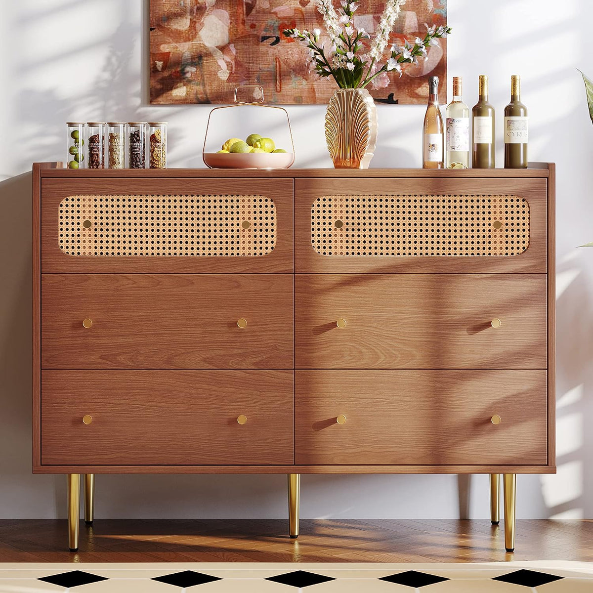 Commode Merax, pour Chambre à Coucher, 120 × 40 × 90 cm, avec poignées en métal, en Bois, 20 cm, 6 tiroirs, Buffet en rotin, Noyer