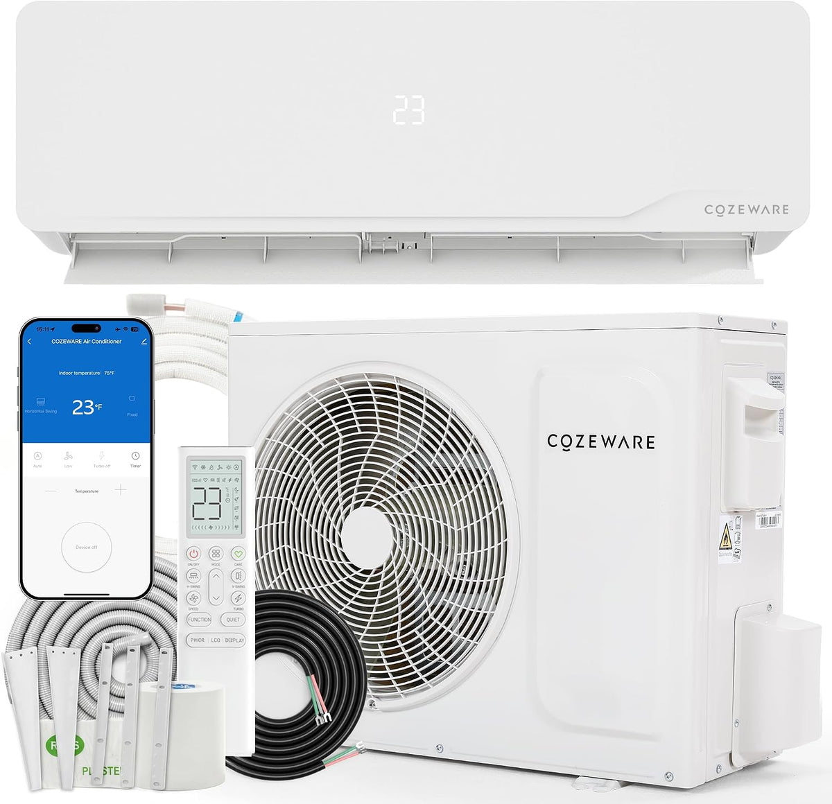 Cozeware Climatiseur, 12000 BTU, télécommande, 25 dB, Wi-Fi, réglable, Wi-Fi/application, moteur Inverter