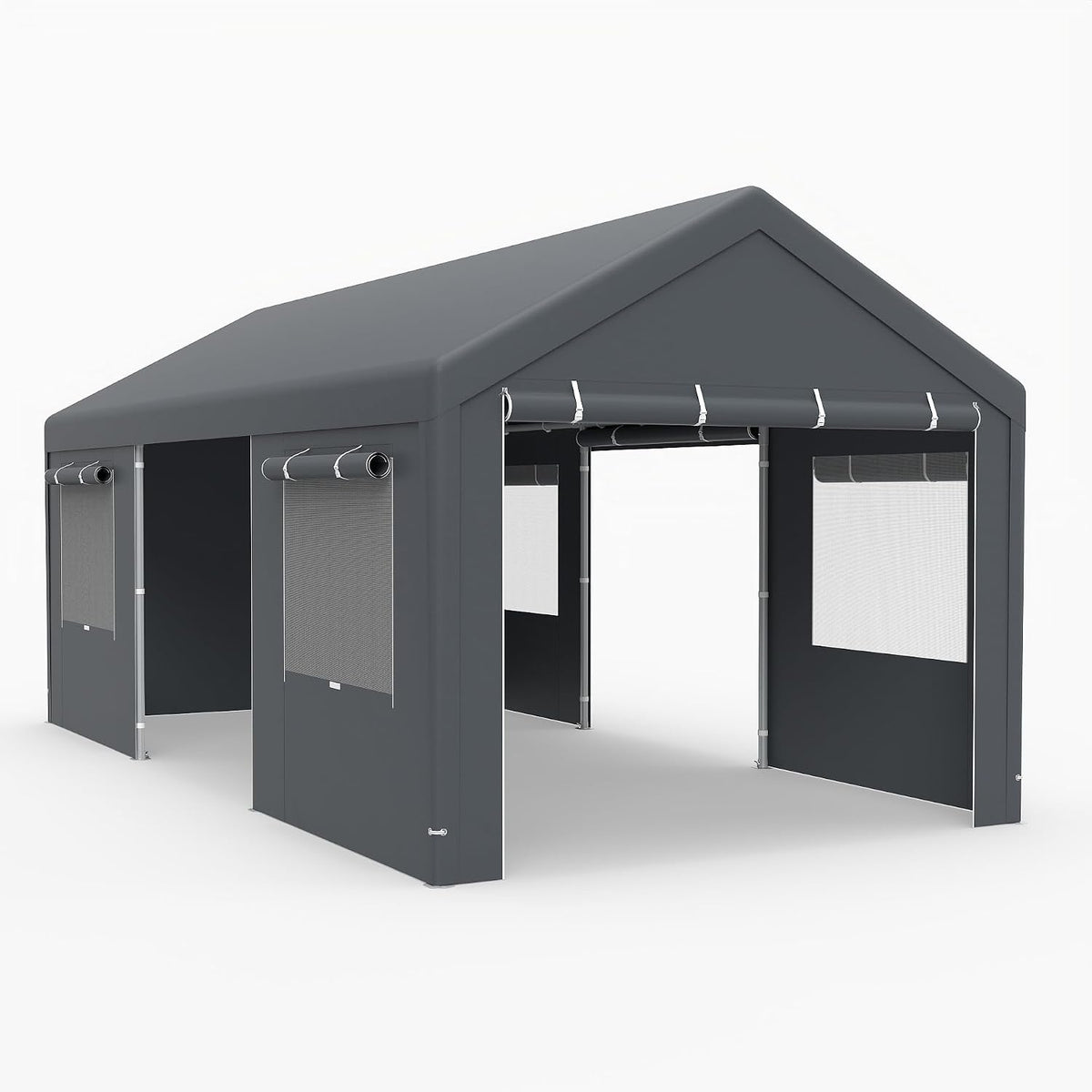 Tonnelle, 305 × 586 cm, Abri Voiture avec Bâche PE Imperméable, GOPLUS, 3 × 5, 85 × 2, 8M, Gris Foncé, Parois Latérales Amovibles