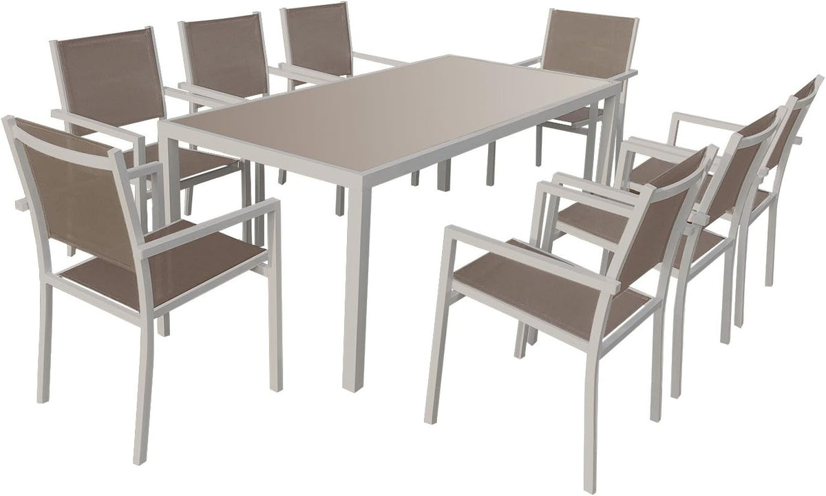 Table à manger, Salon de Jardin Bari en textilène Taupe 8 Places, 89, 5 cm, verre, Happy Garden, 72cm, 45, 5cm, 41cm, 44cm, 120kg