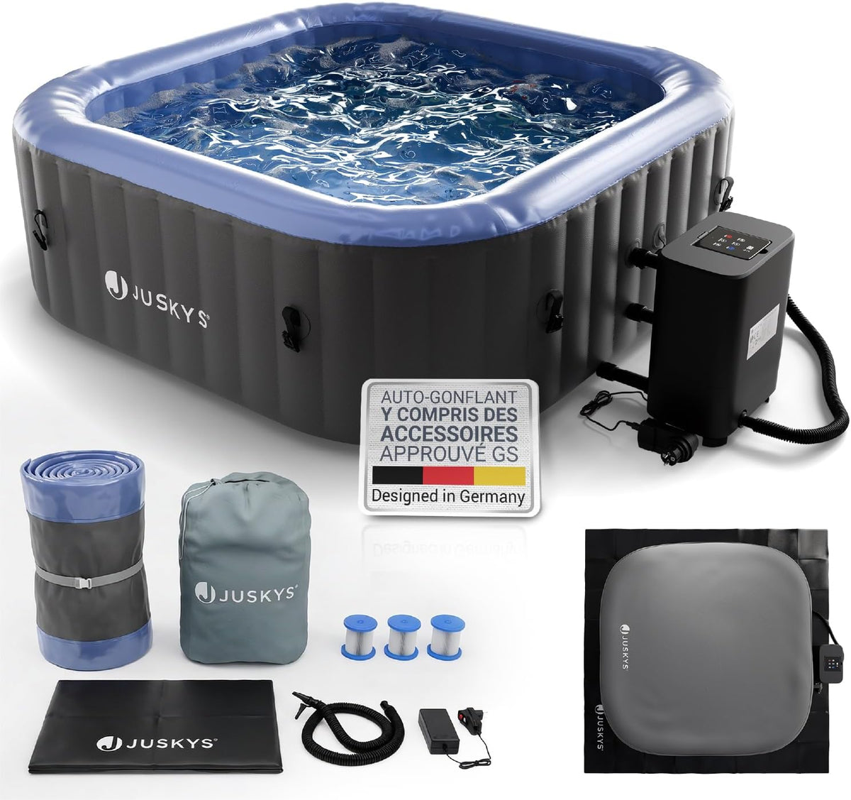 Juskys Bain à remous, 3000 W, 185 × 185 × 65 cm, 145 × 145 × 65 cm, 2400 W, 4 mm, 600 W, 520 cm, 910 L, Puissance Totale 3000 W, 40 °C