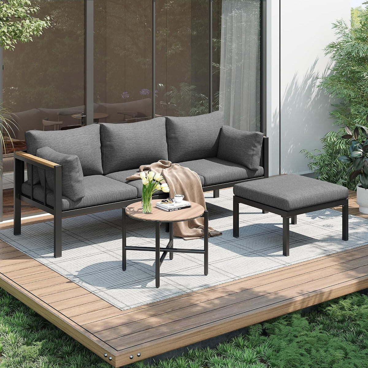 Salon de jardin, 182, 5 × 121 × 62, 5 cm, table basse + repose-pieds avec plateau en verre, Ensemble de meubles de jardin 4 places, Merax
